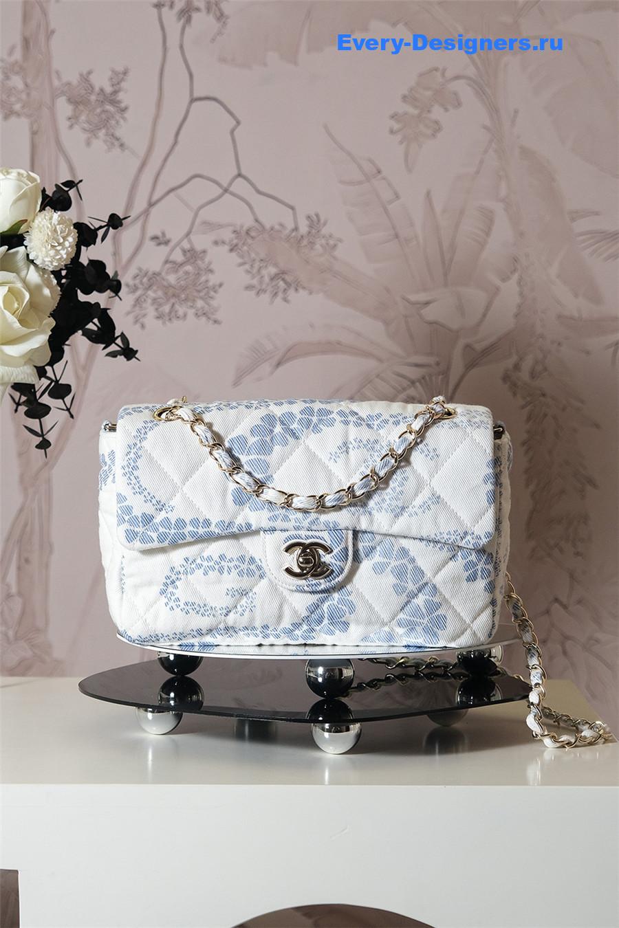Ch**el white & blue denim hobo bag