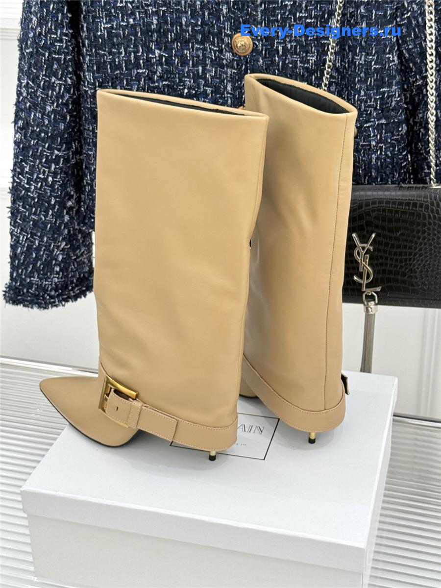 Balmain Anthe Beige Leather Knee-High Boots