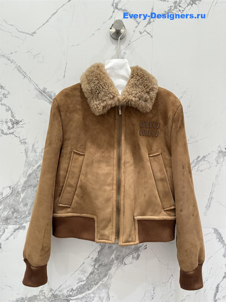 Miu Miu Brown Shearling-Trimmed Cropped Suede Jacket
