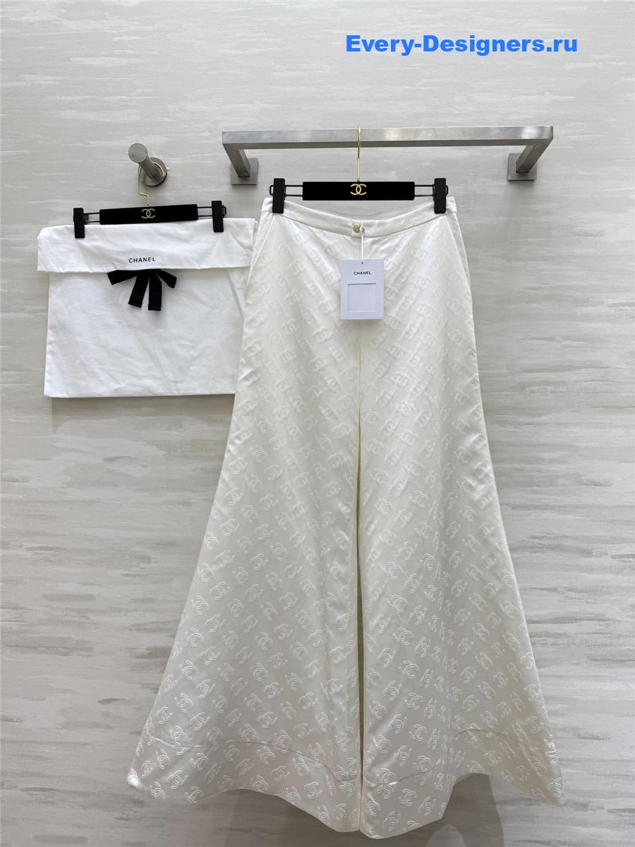 Ch**el white silk jacquard wide-leg pant