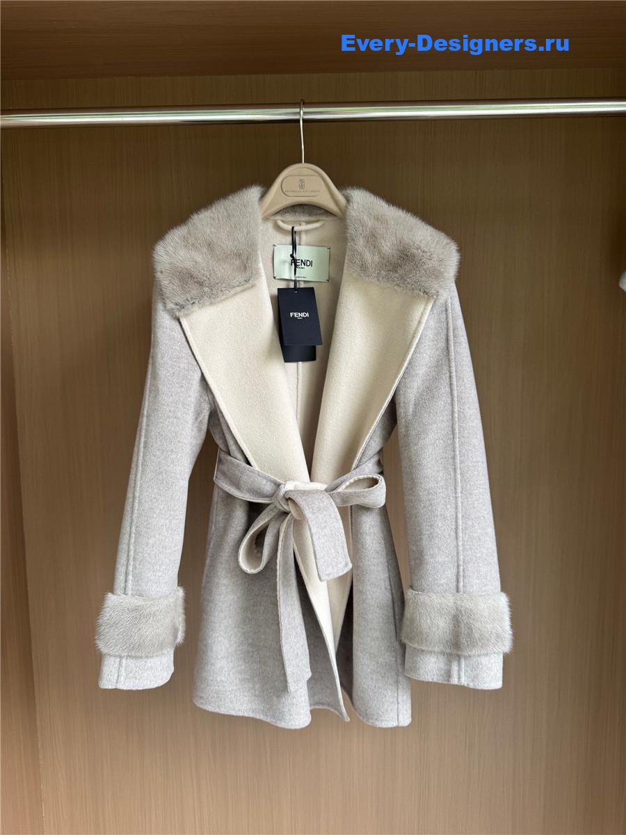 F**di mink collar grey cashmere coat