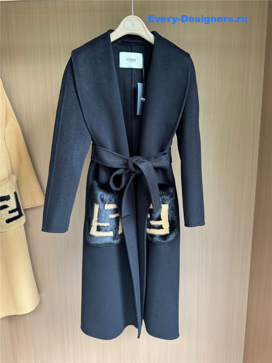 F**di black logo-patch hooded cashmere coat