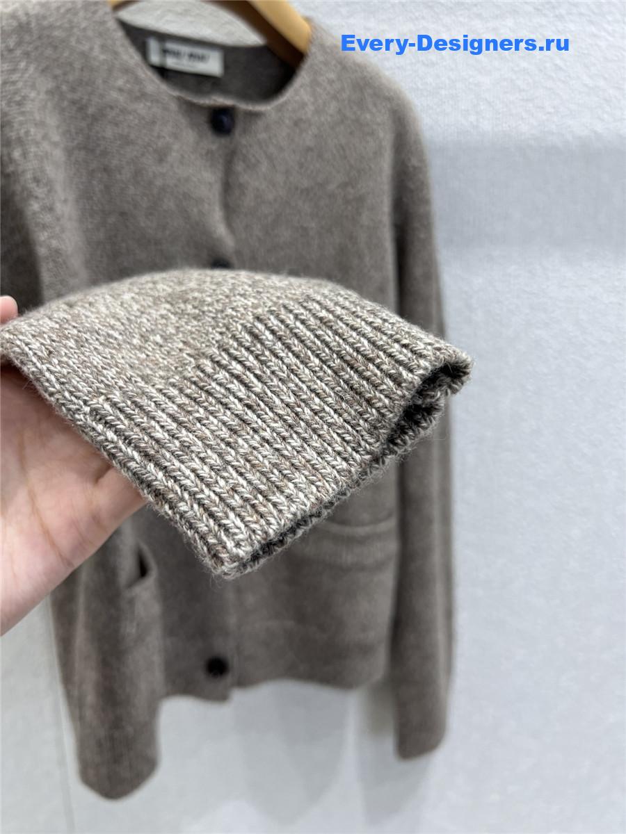 Miu Miu Light Brown Crew Neck Knit Cardigan