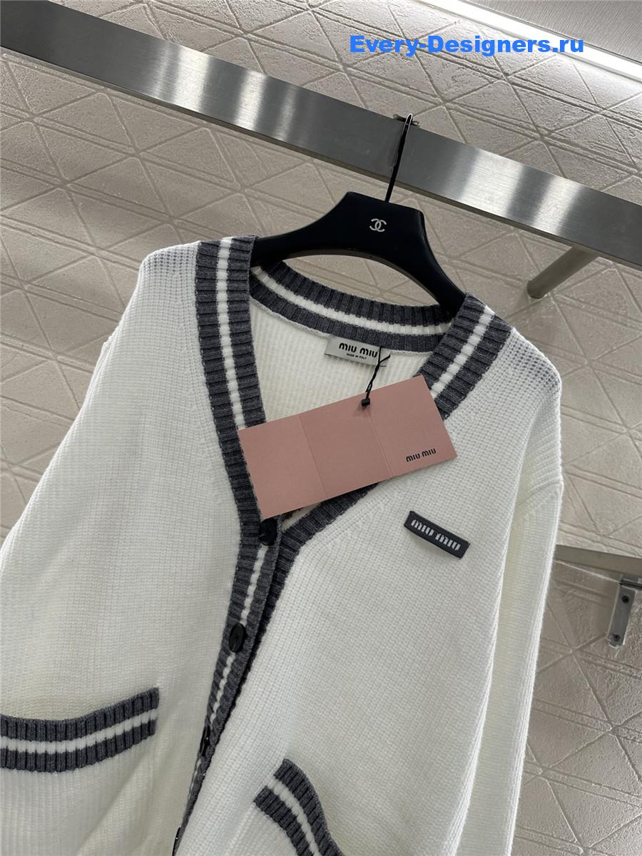 Miu Miu White Ribbed Knit V-neck Cardigan
