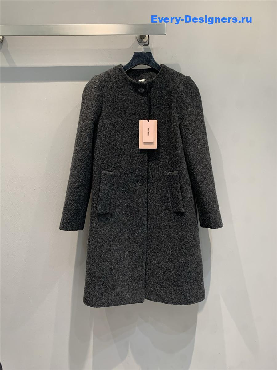 Miu Miu Dark Grey Wool Crew Neck Coat