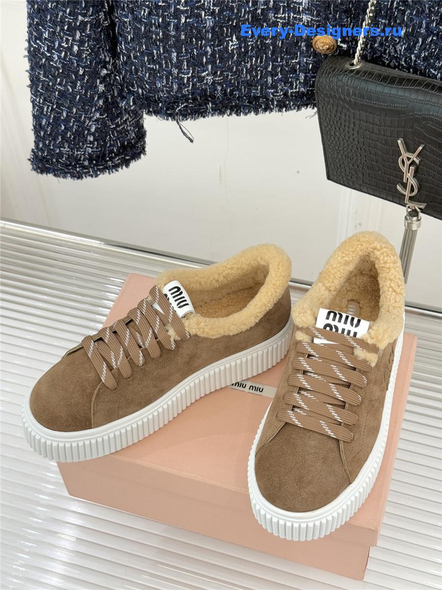 Miu Miu Desert Beige Suede And Shearling Sneakers