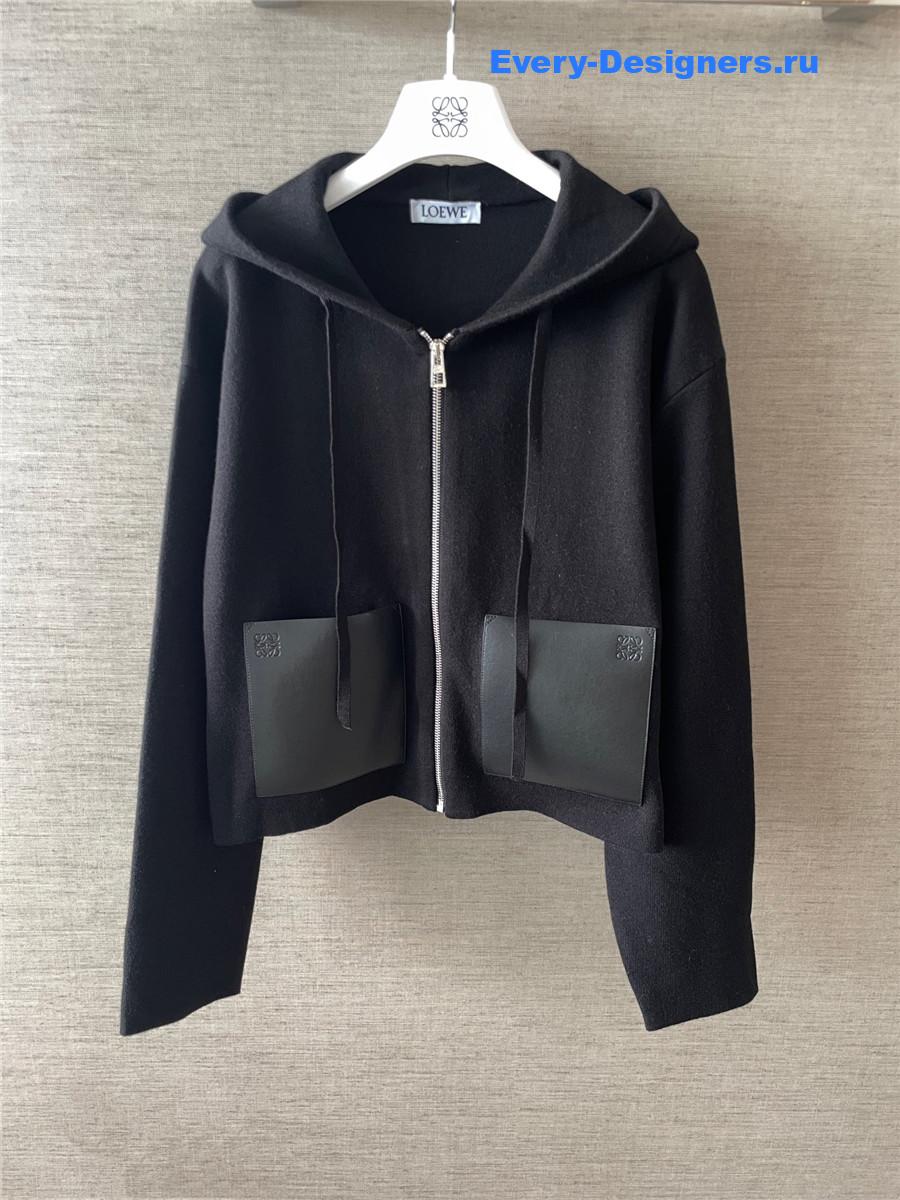 L0ew* black leather-trimmed wool-blend hoodie